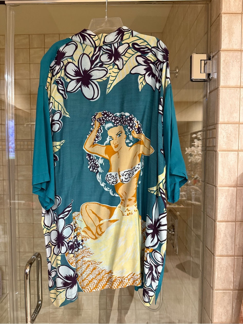 Tommy Bahama Teal Hawaiian Floral Short Sleeve Shirt with Hula Girl Motif